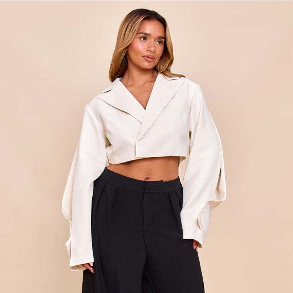 Shape Cream Tailored Pleated Sleeve Adjustable Waist Cropped Blazer